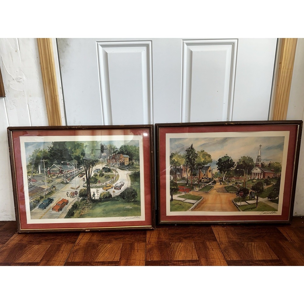 VTG Lindstrom Norwood Park Chicago Neighborhood Print Pair Signed Framed 25x19